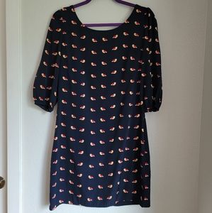Navy Bird Pattern Zipper Dress [M]